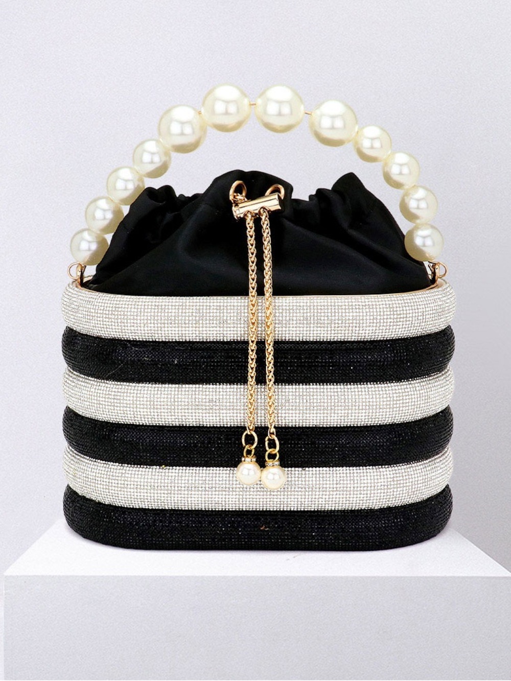 Elegant Black & White Pearl-Handle Women's Bag